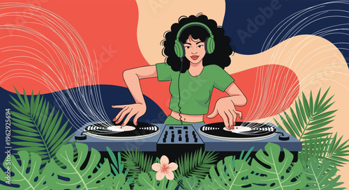 Female dj with curly hair and headphones mixes records on turntables in a lush tropical setting with palm leaves and abstract background.