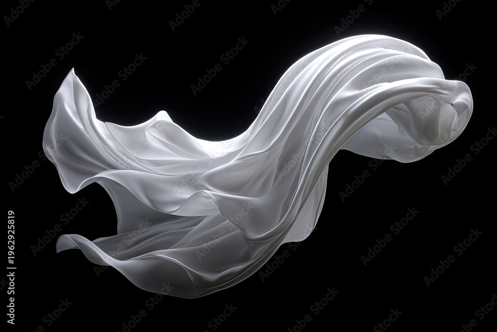 Naklejka premium Flowing, white fabric drapes gracefully against a stark black backdrop, creating soft curves