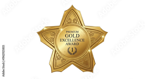 Gold metallic trophy cup with excellence text and number one badge