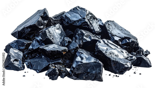 Pile of Shiny Black Rocks With Jagged Edges and Reflective Surfaces on a Transparent Background Isolated Studio Shot
