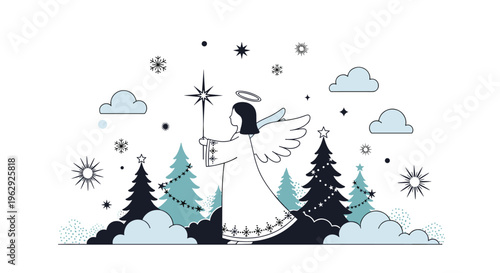 Graceful angel holding a glowing star wand standing in a snowy winter forest among pine trees and falling snowflakes in a minimalist style.