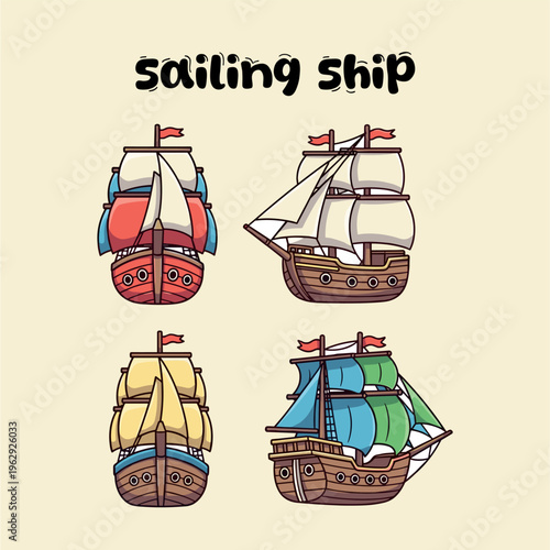 cute sailing ship mascot four blue and white images