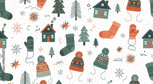 Cozy winter seamless pattern with knitted hats and mittens with small houses and pine trees among falling snowflakes on a white background.