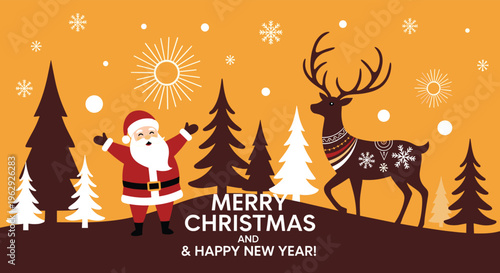 Festive Christmas scene featuring Santa Claus, a reindeer in a sweater, and stylized pine trees on a warm orange background.