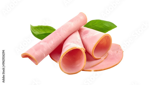 Rolled Sliced Ham With Fresh Green Basil Leaves Isolated on Transparent Background Studio Shot