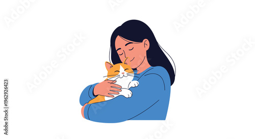 Gentle illustration of a young woman with long dark hair hugging a sleeping ginger cat with love and affection on white.