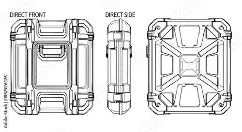 Generic Sci-Fi Modular Cargo Crate Blueprint - Orthographic 3-View Technical Drawing