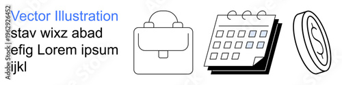 Business planning, organization, finance management, productivity, schedules, investments. Minimalist icons including a briefcase, calendar and coin. Business planning and organization concept