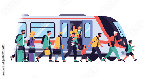 Busy scene of diverse commuters boarding and exiting a modern high speed train at a railway station during morning rush hour.