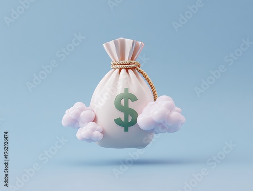 floating money bag with dollar sign and clouds