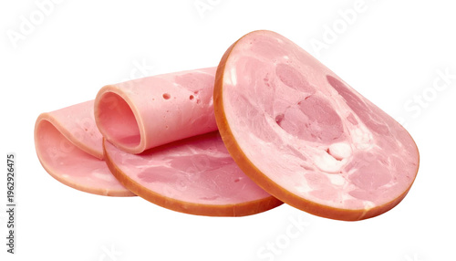 Sliced Smoked Ham Round Cutlets Rolled and Stacked Close Up Against Transparent Background Showing Marbled Pink Meat Texture and Golden Brown Edges