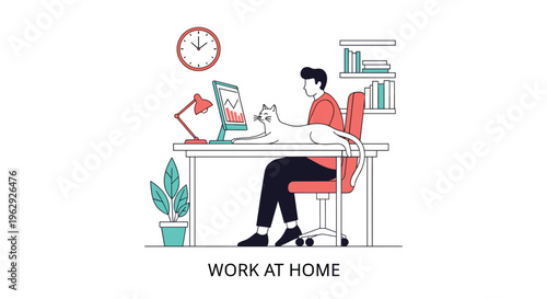 Professional man working at home in a home office setup with a computer, desk, and a cat walking across the table top.