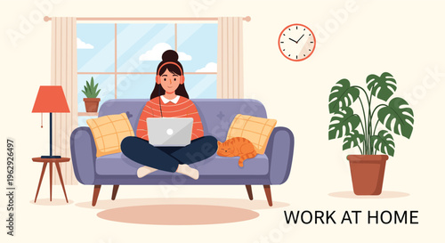 Comfortable woman working from home using a laptop while sitting on a cozy sofa in a living room with her sleeping cat.