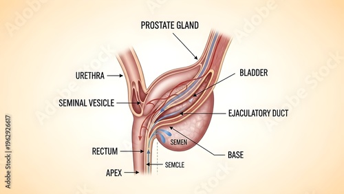 Sagittal section illustration of the prostate gland showing bladder, urethra, seminal vesicle, ejaculatory duct, rectum, apex and base, demonstrating the relationship of surrounding organs and the pat