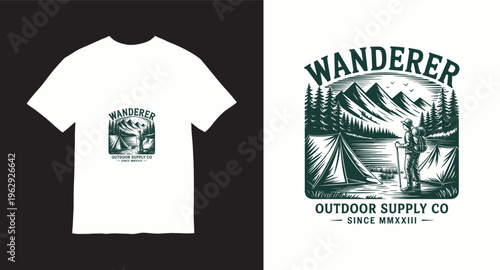 Wanderer outdoor supply co t shirt design with mountains trees and camper