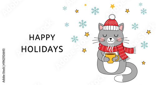 Adorable gray cat wearing a cozy red winter hat and scarf while holding a steaming mug of hot chocolate or coffee.