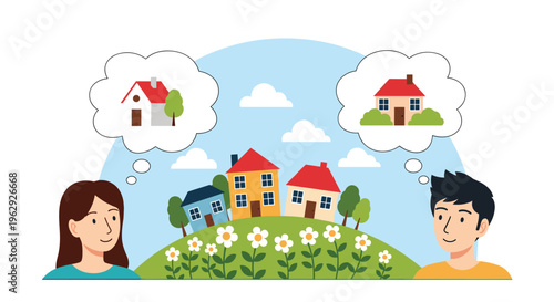 Young couple standing on a flower covered hill dreaming about their future home shown in thought bubbles under a blue sky.