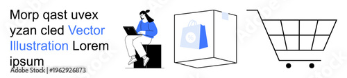 E-commerce, digital shopping, retail, consumer habits, online payment, checkout process. A woman with a laptop, shopping bag and cart icon. E-commerce and digital shopping concept