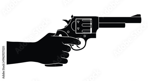 A black silhouette of a hand firmly gripping a revolver firearm
