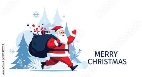 Energetic Santa Claus running with a heavy black bag of presents across a snowy winter landscape with pine trees.
