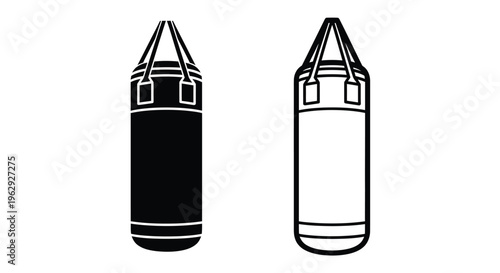 Two black and white illustrations of a traditional punching bag