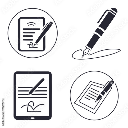 Icons of document signing with a pen