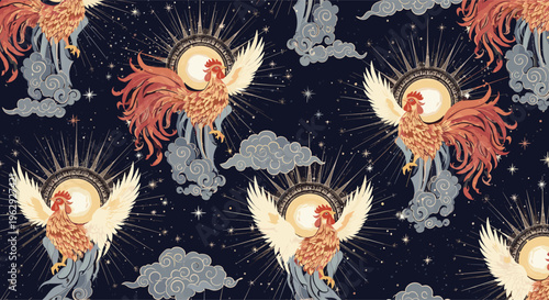 Ornate seamless pattern of golden roosters with spread wings flying amidst clouds, suns, and stars in a cosmic sky.