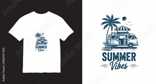 Summer vibes monochrome t-shirt design with tropical beach scene and vintage mobile cafe