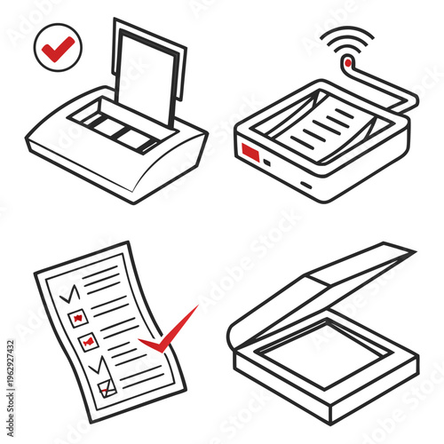 Four different views of scanners and a checklist