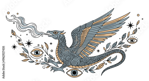 Mythical winged dragon creature exhaling smoke or fire surrounded by symbolic eyes and botanical leaves in a vintage occult illustration.