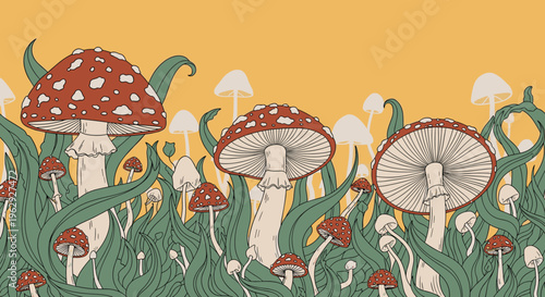 Field of red fly agaric mushrooms with white spots growing among tall green grass in a vintage hand drawn illustration style.