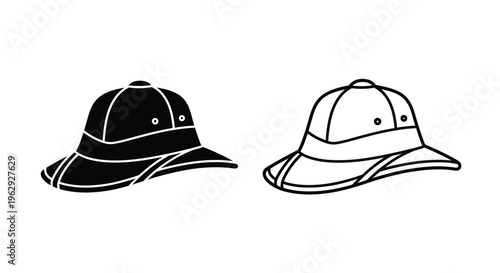 Two bucket hats illustrated in contrasting black and white styles
