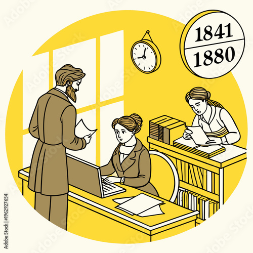 Vintage office scene with people working at desks
