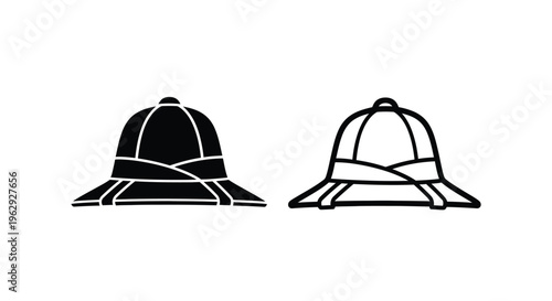 Two stylized bucket hats depicted in a simple black and white illustration