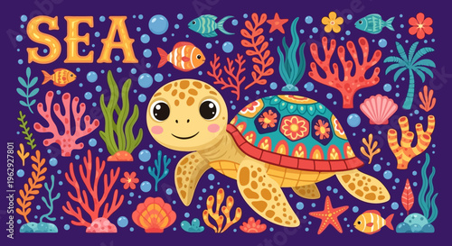 Cute Cartoon Sea Life Yellow Sea Turtle Coral Starfish Shell Fish Bubbles Underwater