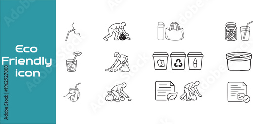 A comprehensive collection of simplified line drawings depicting various sustainable living practices and environmental conservation actions including people collecting waste materials in bags reusabl