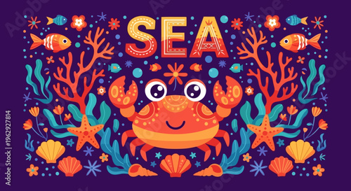 Cute Cartoon Sea Life Red Crab Coral Starfish Shell Fish Flowers Underwater Fun