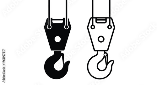 Two industrial crane hooks shown in contrasting black and white styles
