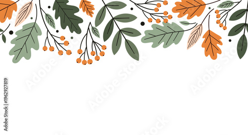 Border of colorful autumn leaves including oak and maple with clusters of orange berries against a clean white background.