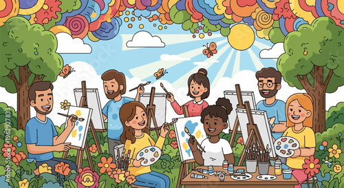 Cute Cartoon Outdoor Art Class Painting Easels Palette Summer Fun Sun Flowers Trees
