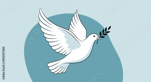 Symbolic white dove of peace flying through the air while carrying a green olive branch in its beak against a light blue circular background.