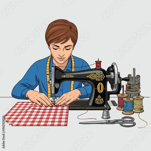 A person using a sewing machine with a gingham fabric