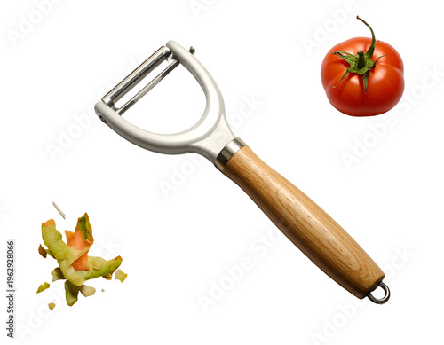 Kitchen peeler, tomato, and vegetable peels against white