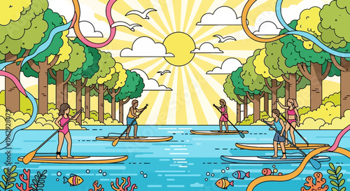 Cute Cartoon Paddle boarding on Lake Summer Fun Group Sport Sun River Trees Outdoor