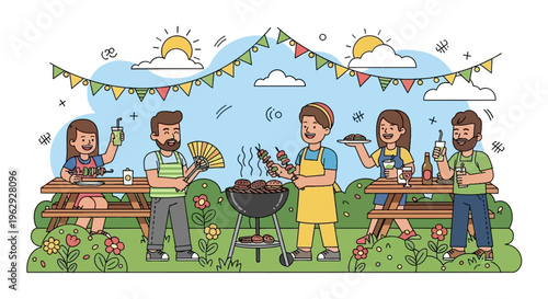 Cute Cartoon BBQ Picnic Party Family Friends Grill Kebab Burger Summer Fun Outdoor