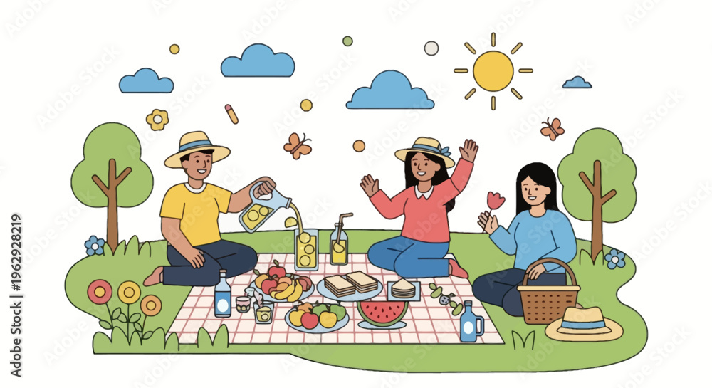 Obraz premium Cute Cartoon Family Picnic Summer Fun Lemonade Sandwiches Fruits Sun Grass Outdoor Joy