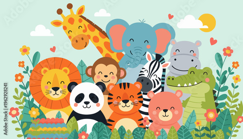 Cute Cartoon Safari Animals Group Lion Panda Tiger Bear Zebra Giraffe Elephant Hippo Monkey Crocodile