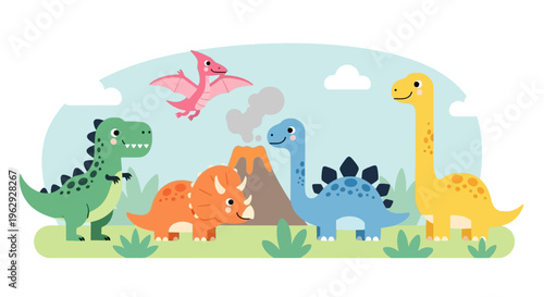 Cute Cartoon Dinosaur Kids Illustration T-Rex Triceratops Stegosaurus Brachiosaurus Pterodactyl Volcano