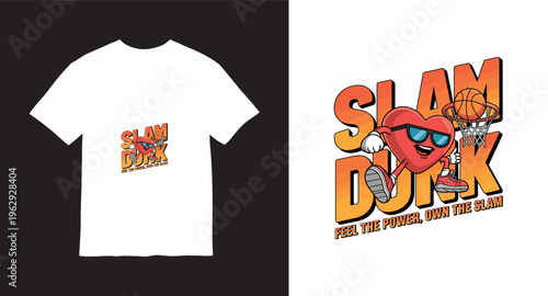 Basketball heart character slam dunk tshirt design with retro sunset typography