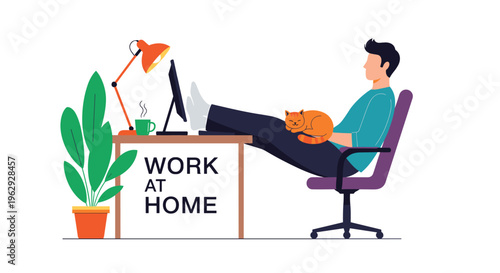 Man working from home on a desktop computer while relaxing with his feet up on the desk and a sleeping cat on his lap.